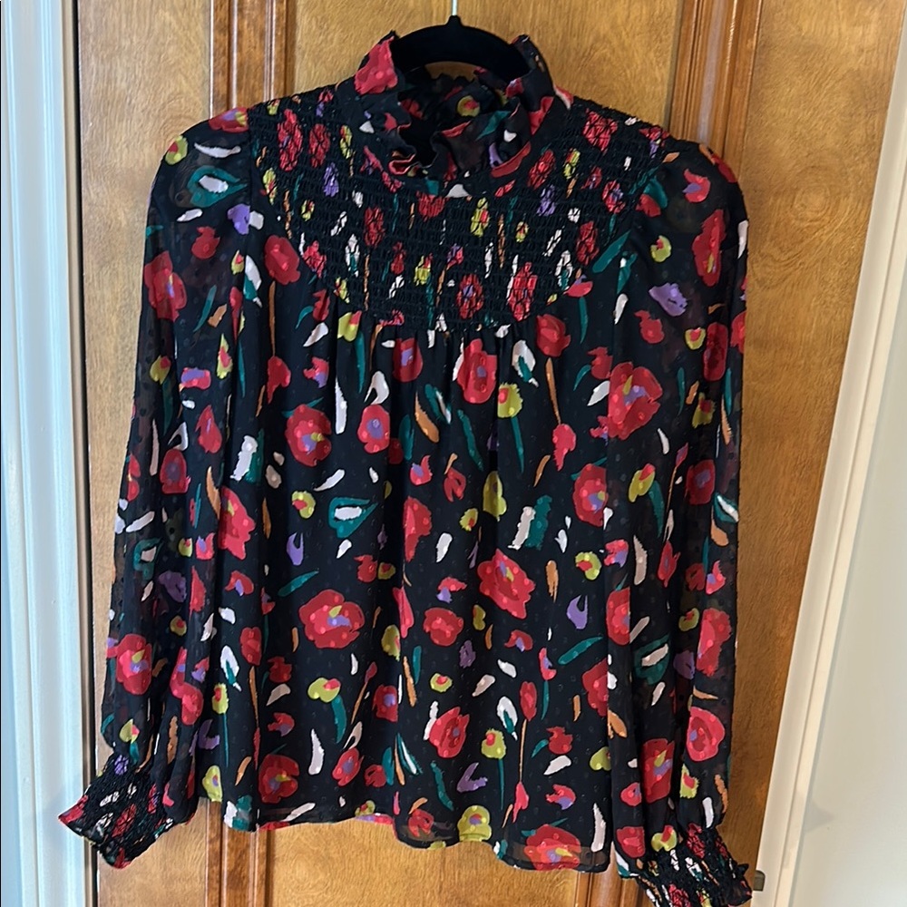 CROSBY by Mollie Burch XS Smocked Floral Black Blouse